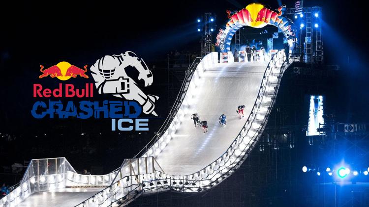 Постер Crashed Ice. The Red Bull ice-skating race in Ottawa, Ont. This event features four skaters racing down a twisting ice ramp