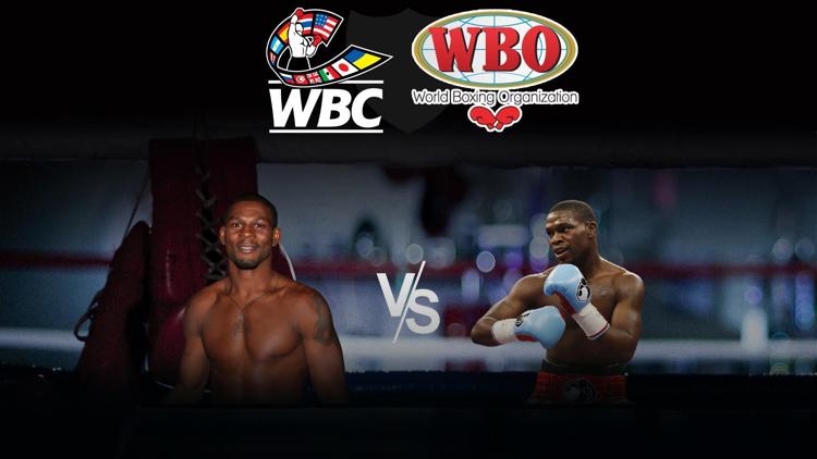 Постер Поединок за титулы чемпионов мира по версиям WBC и WBO в среднем весе. Жермейн Тейлор - Кори Спинкс