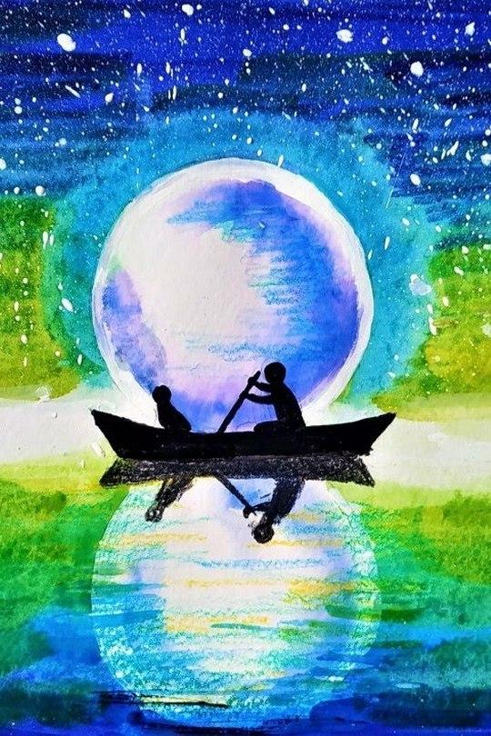Как нарисовать вечерний пейзаж с луной акварелью (kak-narisovat-vechernij-pejzazh-s-lunoj-akvarelju) Досуг, хобби
